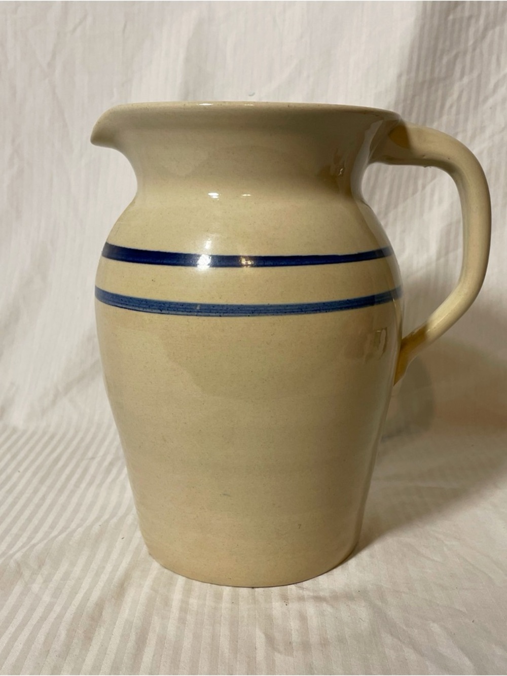 Vintage Marshall Pottery Cream colored Ceramic Pitcher with Blue Stripes - Picture 2 of 6